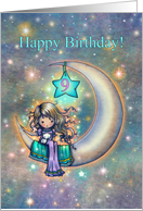 9 Year Old Girl Birthday Little Girl on Moon with White Kitten card