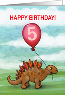 5th Birthday Dinosaur with Red Balloon Cute Art card