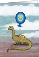 8 Year Old Birthday Card Dinosaur holding Big Blue Balloon card