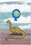 10 Year Old Birthday Card Dinosaur holding Big Blue Balloon card