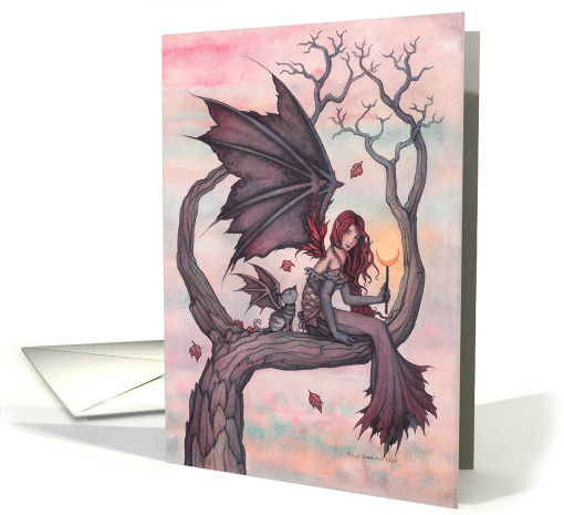 Autumn Fairy with Winged Cat Blank Inside by Molly Harrison card