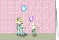 Girls Birthday Card - Balloons, Bunny, Girl card