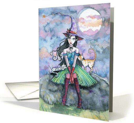 Halloween Witch Card with Tabby Cats and Full Moon card (853477)