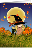 Halloween Witch Cat Pumpkins Harvest Moon Card