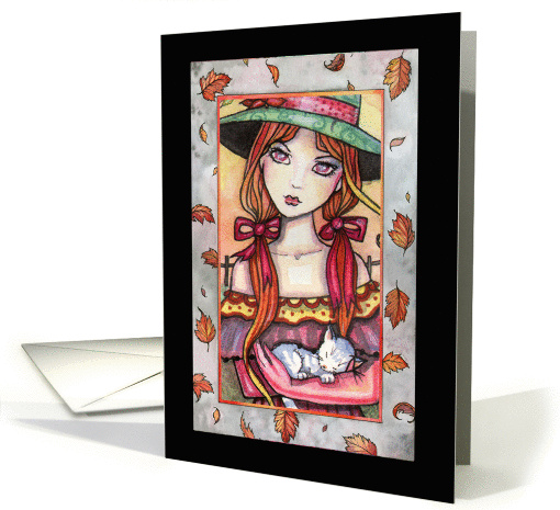 Little Autumn Witch Halloween Card - Holding Sweet Tabby Cat card