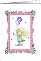 Little Birthday Girl with Balloons and Flowers card