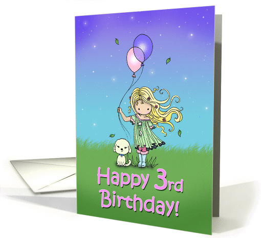 3 Year Old Birthday - Little Girl and Dog Holding Balloons card