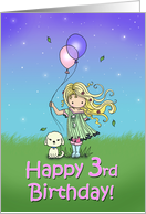3 Year Old Birthday - Little Girl and Dog Holding Balloons card