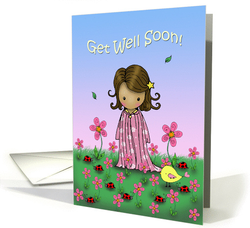 Get Well Soon - Little Girl with Ladybugs and Flowers card (855680)