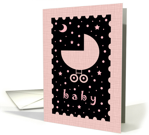 Girl Baby Shower Invitation - Pink Baby Buggy - Stars and Moons card