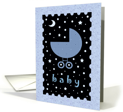 Boy Baby Shower Invitation - Blue Baby Buggy - Stars and Moons card