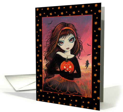 Halloween Card Big Eye Girl with Jack-O-Lantern - by Molly... (862796)