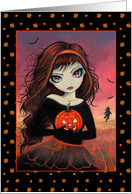 Halloween Card Big Eye Girl with Jack-O-Lantern - by Molly Harrison card
