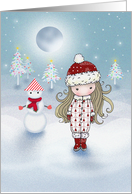 Christmas Card - Little Girl and Snowman on Magical Night card