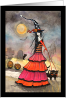 Halloween Witch and Black Cats in Graveyard card