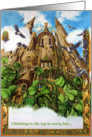 Congratulations, looking up at gothic castle, sky, birds card