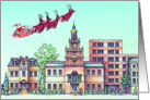 Santa Comes to Town, Santa in his sled flying over town card