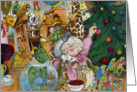 Mrs. Claus Trims the Tree, elves, animals, humor card