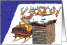 Reindeer on rooftop, sleigh with toys, snowy sky, chimney card