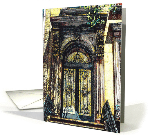 A brownstone doorway with decorative wrought iron card (855838)