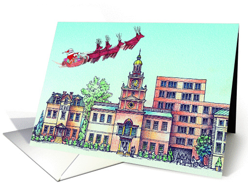 Santa Comes to Town, Santa in his sled flying over town card (880659)