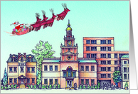 Santa Comes to Town, Santa in his sled flying over town card
