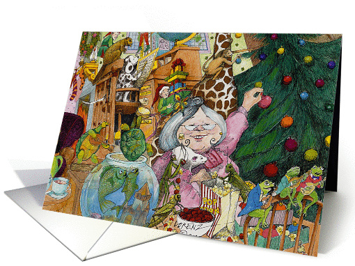 Mrs. Claus Trims the Tree, elves, animals, humor card (880661)
