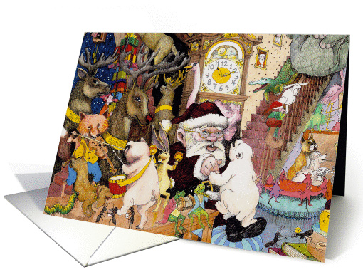Santa with All his Friends, animals, reindeer, cute, fun card (880936)