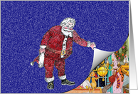Santa lifting corner to show the party card