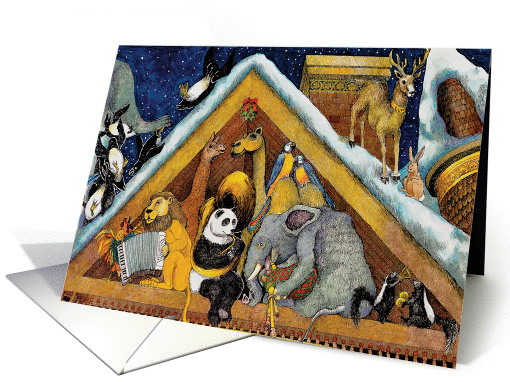 Attic at Christmas, animals, music, rooftop, party card (880938)