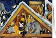 Attic at Christmas, animals, music, rooftop, party card