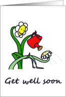 Get Well Soon a Fun Happy Flower Helps Gives Water to a Sick Flower card