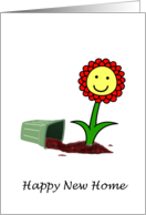 Happy New Home a Cartoon Flower Leaves the Box for a New Location card