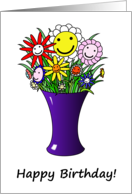 Happy Birthday a Vase of Fun Cartoon Colourful Happy Flowers Smiling card