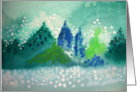 evergreen forest, pines with snowy sky, green, peaceful card