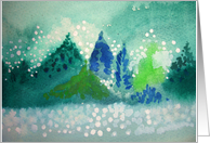 evergreen forest, pines with snowy sky, green, peaceful card