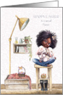 Easter for Sister African American Girl with Bunnies and Easter Basket card