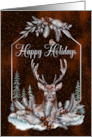 Christmas Happy Holidays Deer Stag in Woodlands Leaves and Berries card
