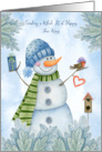 Christmas Snowman with Bird Birdhouse Heart Gift and Greenery card