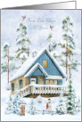 Christmas From Our Home to Yours Snowy Cottage Snowman and Sled card