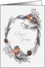 Christmas Season’s Greetings Wreath Pinecones Berries and Birds card