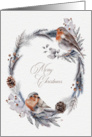 Merry Christmas Wreath Pinecones Berries and Birds card