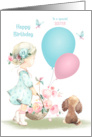 Birthday for Young Sister Little Girl with Flowers Balloons and Puppy card