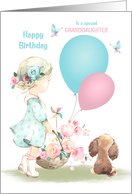 Birthday for Granddaughter Little Girl with Flowers Balloons and Puppy card