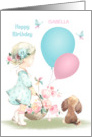 Young Girls Birthday Flowers Balloons and Puppy with Custom Name card