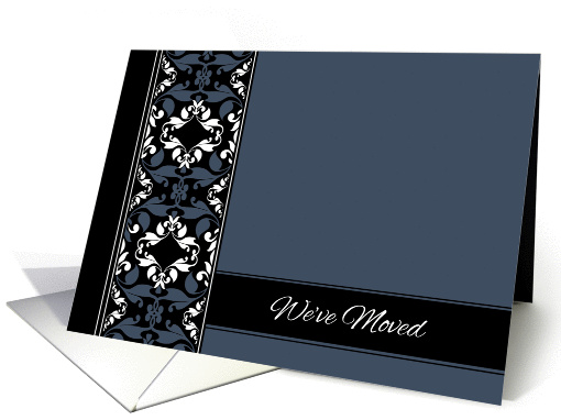 We've Moved Announcement - Elegant Blue and Black Damask card