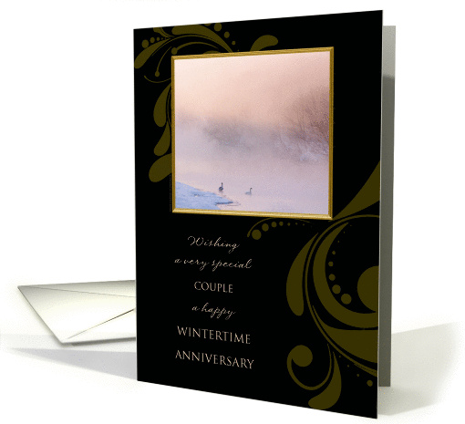 Winter Wedding Anniversary - Pair of Geese Swimming in the Fog card