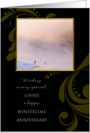 Winter Wedding Anniversary - Pair of Geese Swimming in the Fog card