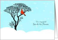 Christmas for Son and Fiancee - Snow Scene, Red Cardinal in Tree card