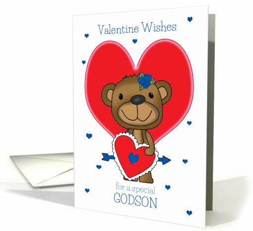 Godson Valentine's Day Teddy Bear and Red and Blue Hearts card